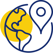 Icône représentant le monde avec un repère de localisation, illustrant un service de livraison disponible à l'échelle mondiale.