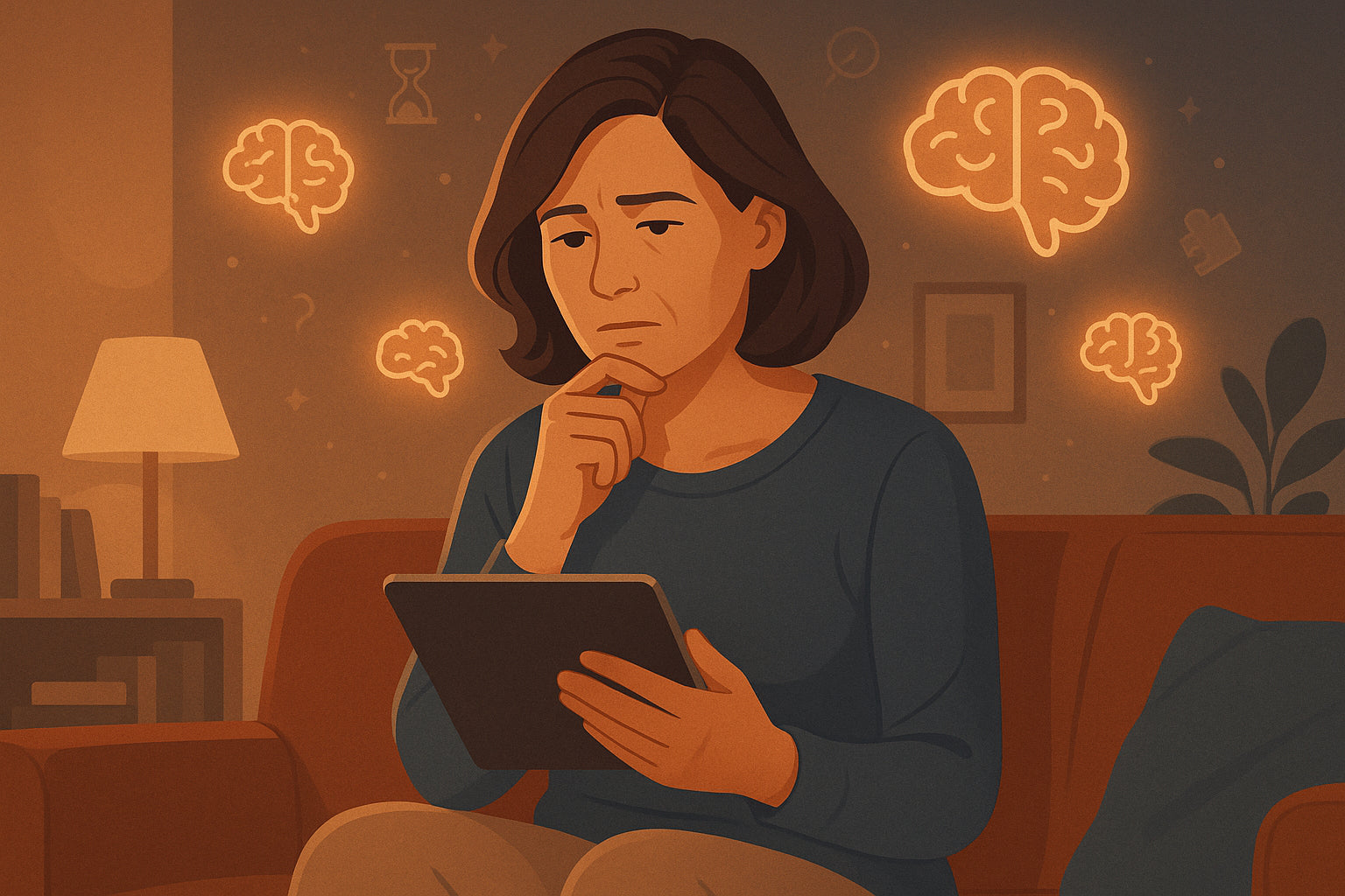 Illustration d'une femme consultant un écran numérique dans un environnement cosy, représentant les effets des écrans sur la mémoire après 40 ans