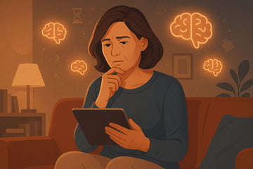 Illustration d'une femme consultant un écran numérique dans un environnement cosy, représentant les effets des écrans sur la mémoire après 40 ans