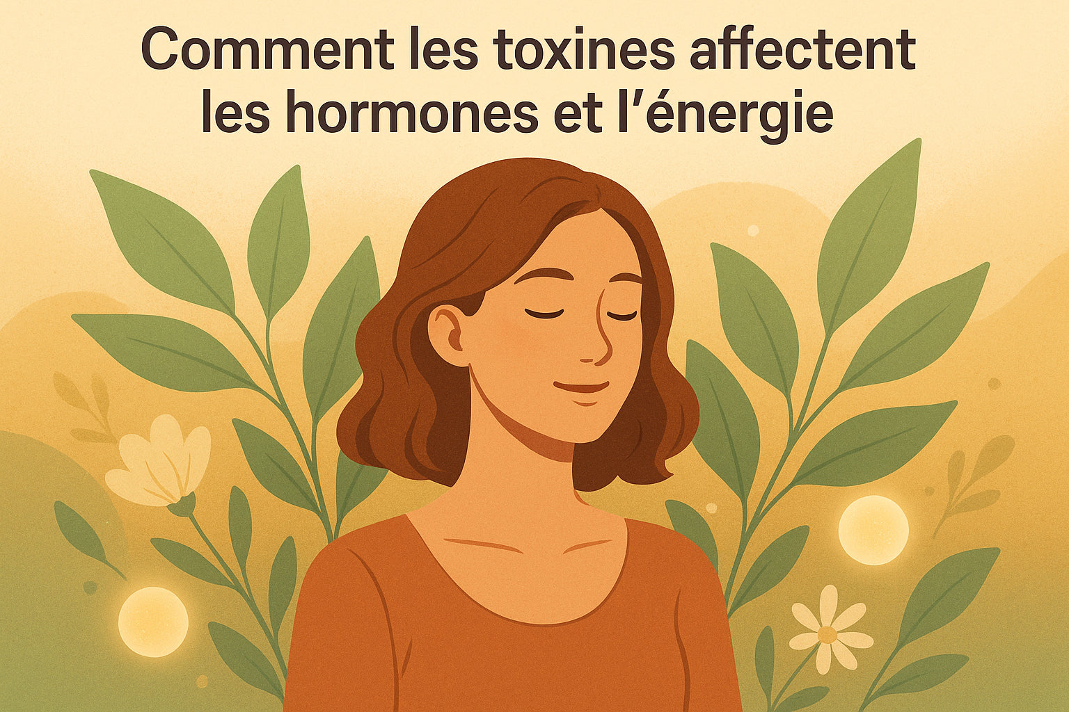 Illustration montrant l'impact des toxines environnementales sur l'équilibre hormonal et la vitalité.