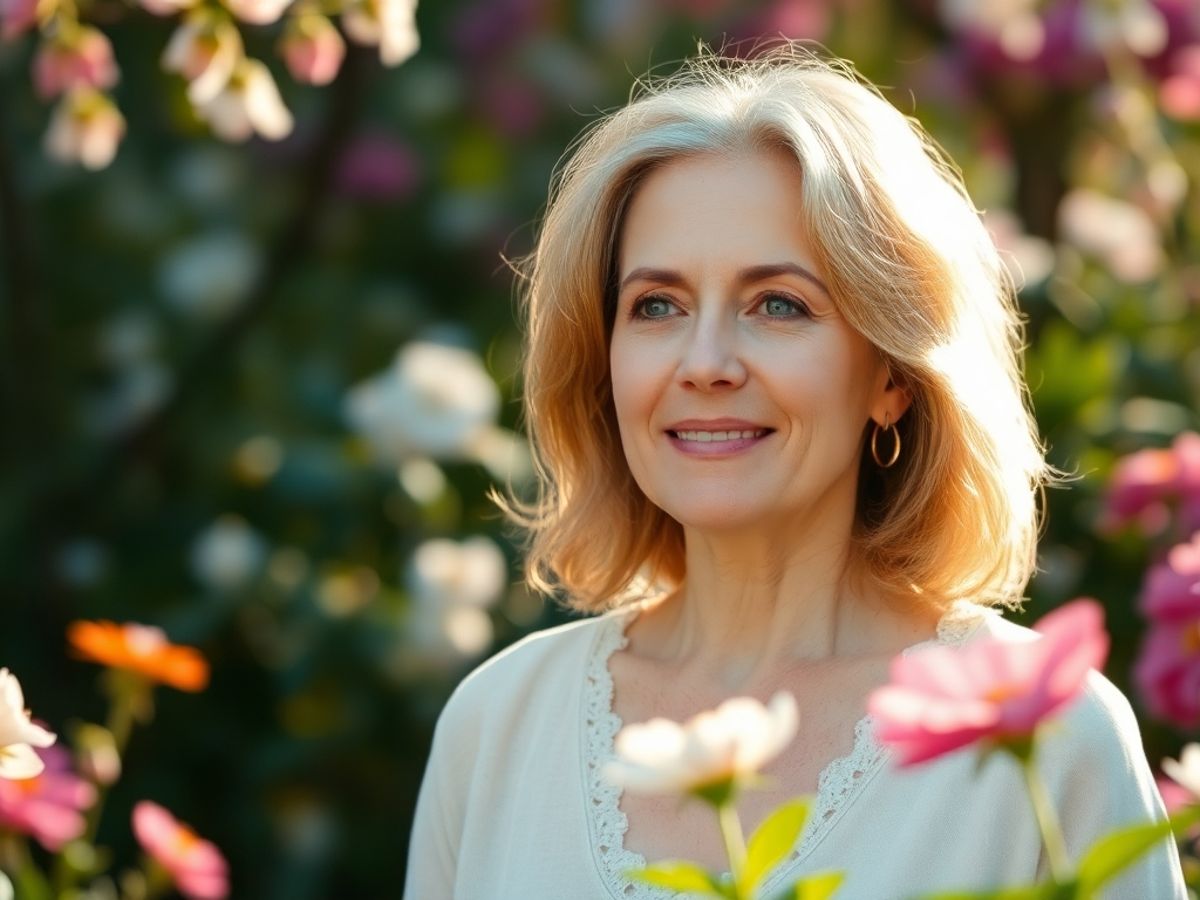 Femme mature dans un jardin, sereine et réfléchie.