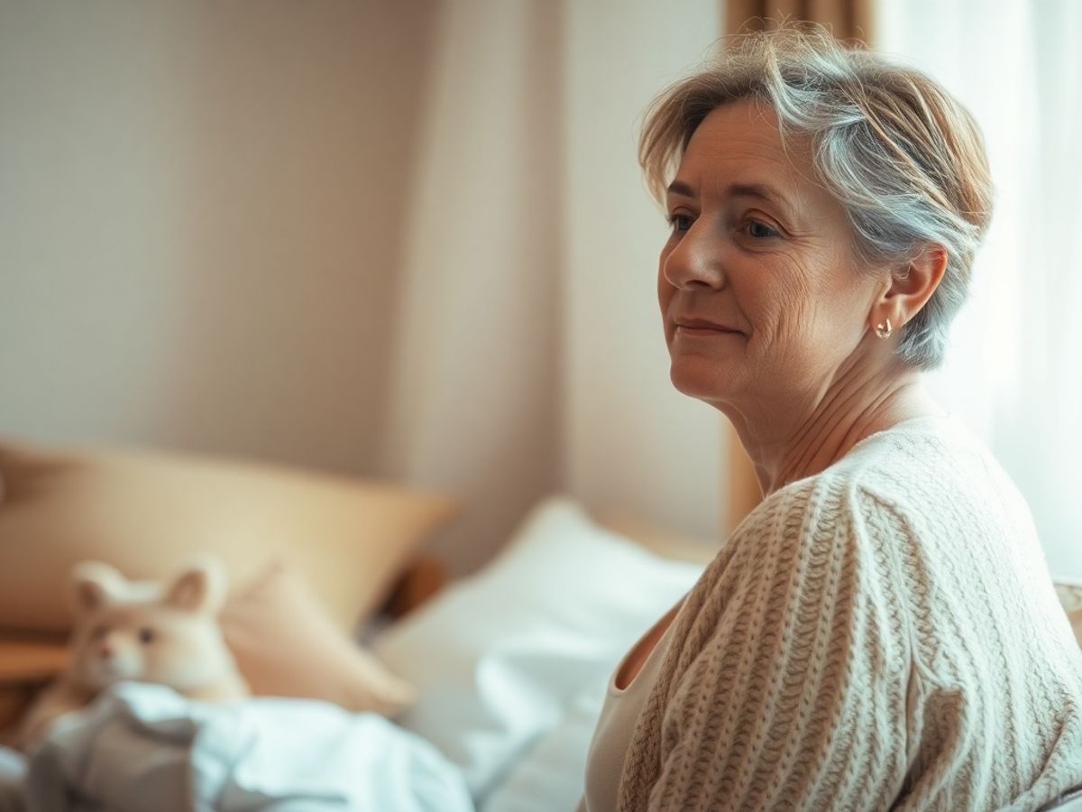 Femme apaisée durant la ménopause, ambiance chaleureuse.