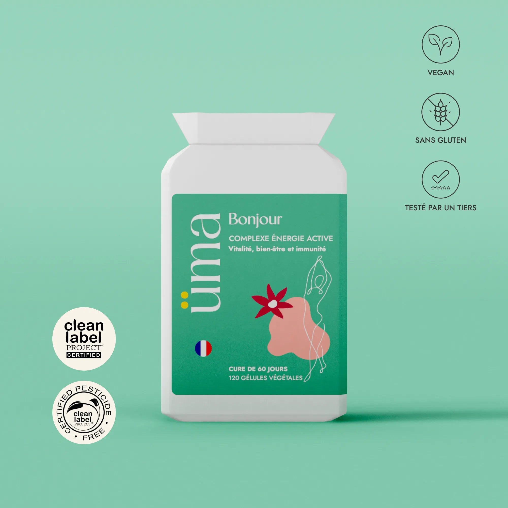 Imaginez commencer chaque journée avec une énergie renouvelée. Avec Bonjour, 17 vitamines, minéraux, fibres et probiotiques s’unissent pour vous offrir exactement ça : vitalité, immunité renforcée, et un coup de pouce contre la fatigue.