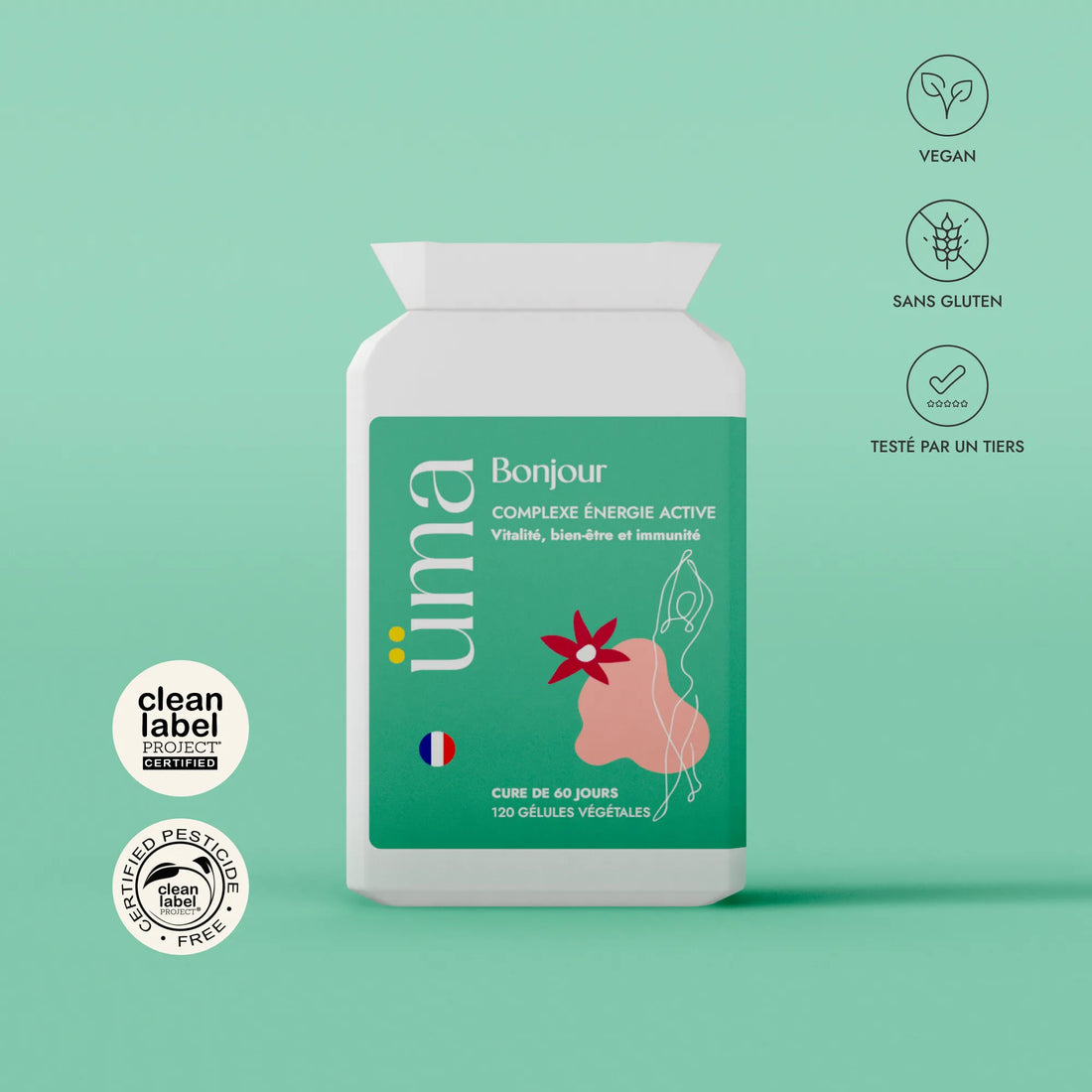 Imaginez commencer chaque journée avec une énergie renouvelée. Avec Bonjour, 17 vitamines, minéraux, fibres et probiotiques s’unissent pour vous offrir exactement ça : vitalité, immunité renforcée, et un coup de pouce contre la fatigue.
