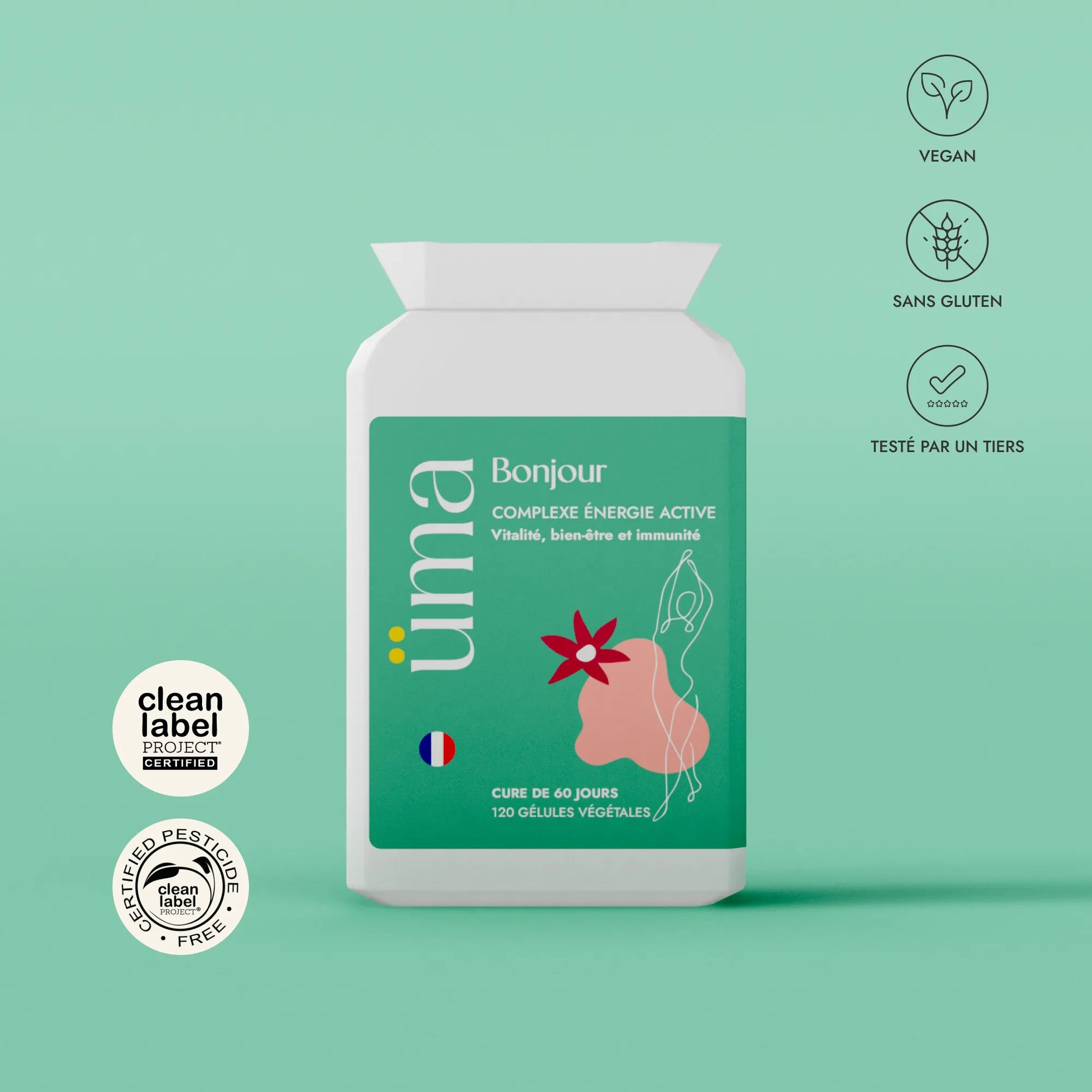 Imaginez commencer chaque journée avec une énergie renouvelée. Avec Bonjour, 17 vitamines, minéraux, fibres et probiotiques s’unissent pour vous offrir exactement ça : vitalité, immunité renforcée, et un coup de pouce contre la fatigue.