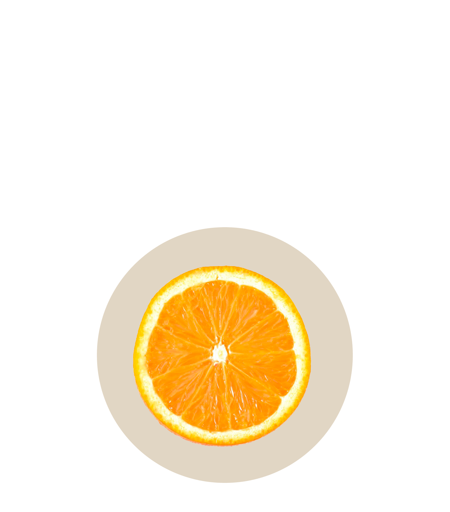 Fresh orange slice on a beige background, highlighting Oh La La ingredients for a vibrant culinary experience.