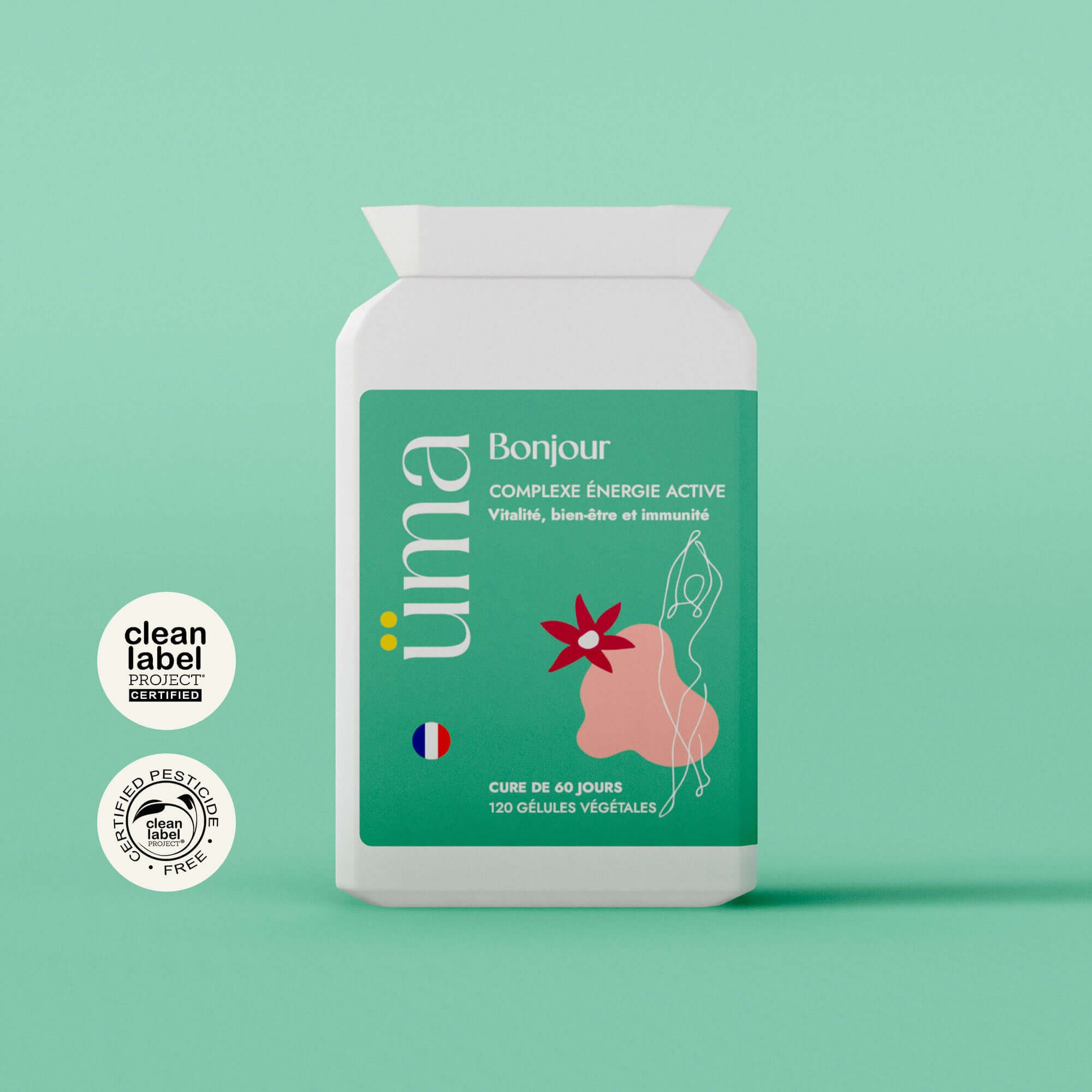 Imaginez commencer chaque journée avec une énergie renouvelée. Avec Bonjour, 17 vitamines, minéraux, fibres et probiotiques s’unissent pour vous offrir exactement ça : vitalité, immunité renforcée, et un coup de pouce contre la fatigue.
