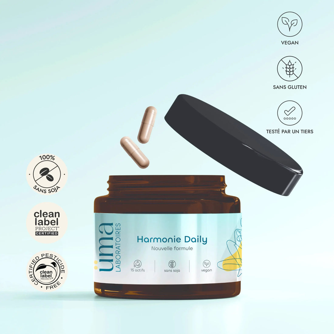 Harmonie Daily nouvelle formule cible les 48 symptômes de la ménopause avec une efficacité jusqu’à 4 fois supérieure. 14 actifs concentrés agissent en synergie sur les déséquilibres hormonaux, nerveux, digestifs et émotionnels.Formule sans soja, enrichie en fibres prébiotiques pour une meilleure assimilation. Conçue pour vous accompagner en préménopause, ménopause et postménopause.