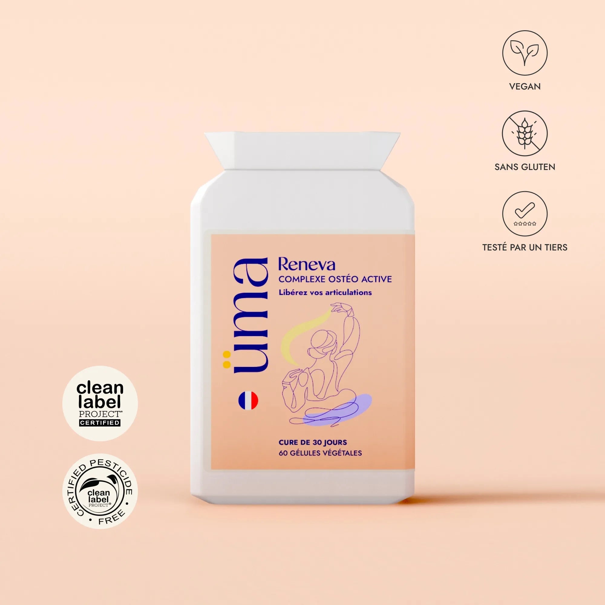 Reneva c'est une synergie inédite de 16 ingrédients naturels pour une réponse directe et innovante aux défis articulaires et osseux de la ménopause. Jour après jour, retrouvez souplesse et mobilité pour une vie active sans douleur.